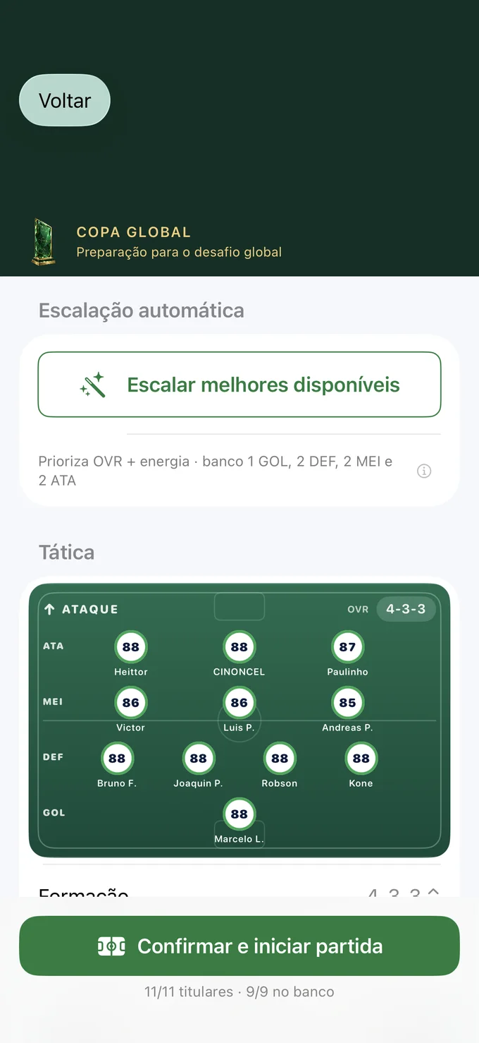 Tela real de escalação: campo tático com os onze titulares e a formação 4-3-3