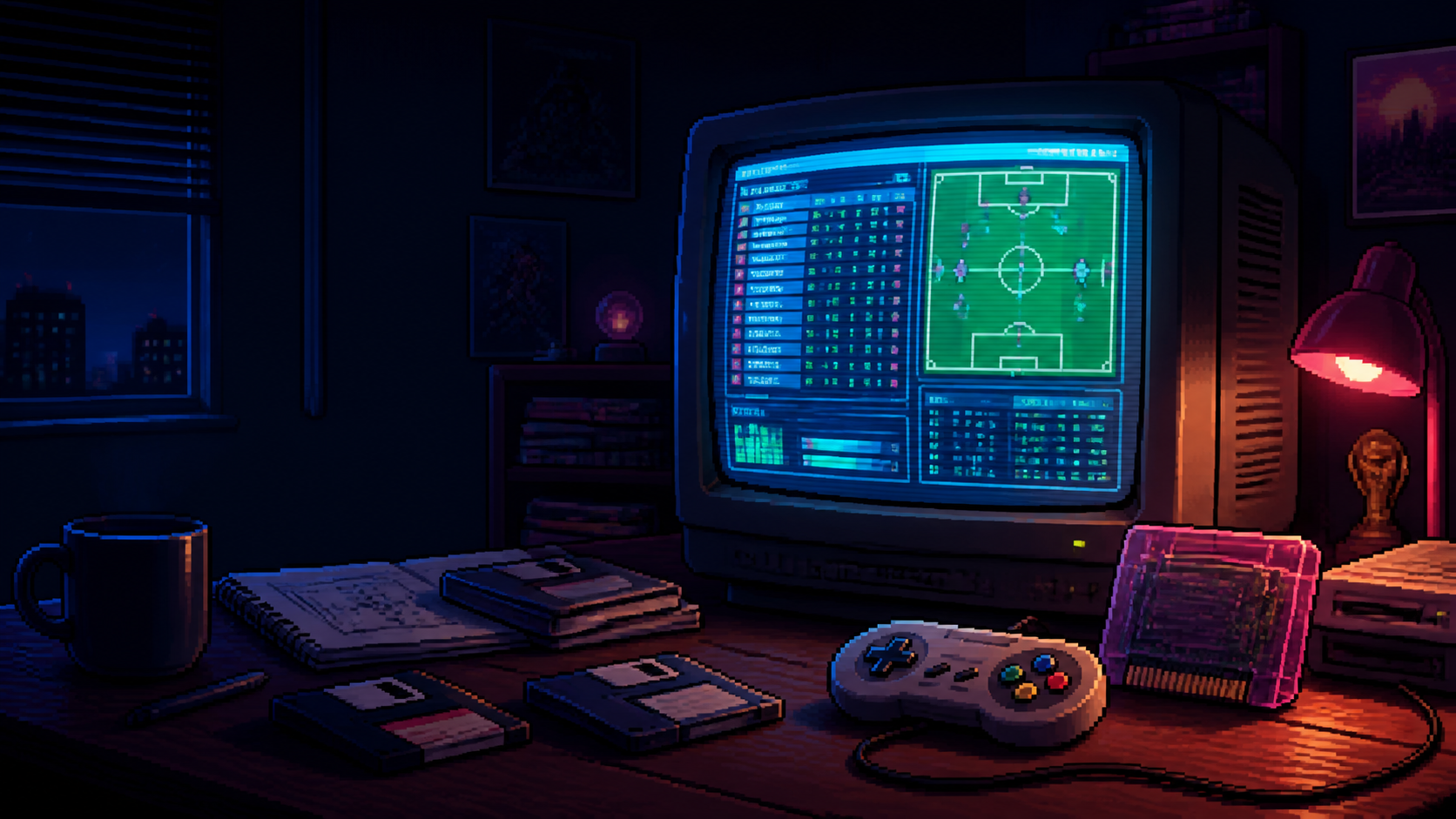 Quarto retrô com monitor de tubo, disquetes e controle de videogame